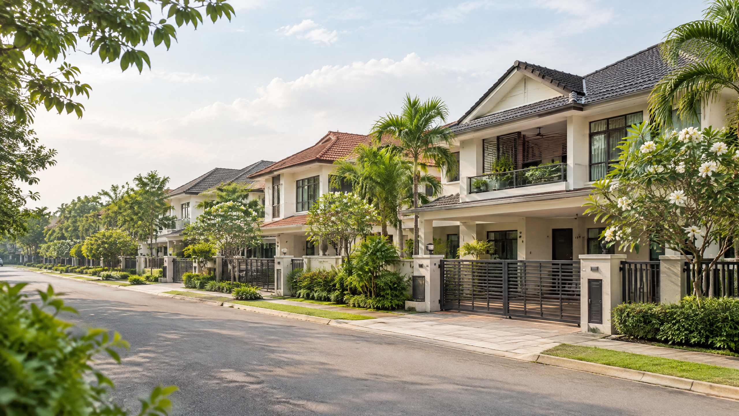 Malaysian landed homes along a landscaped residential street